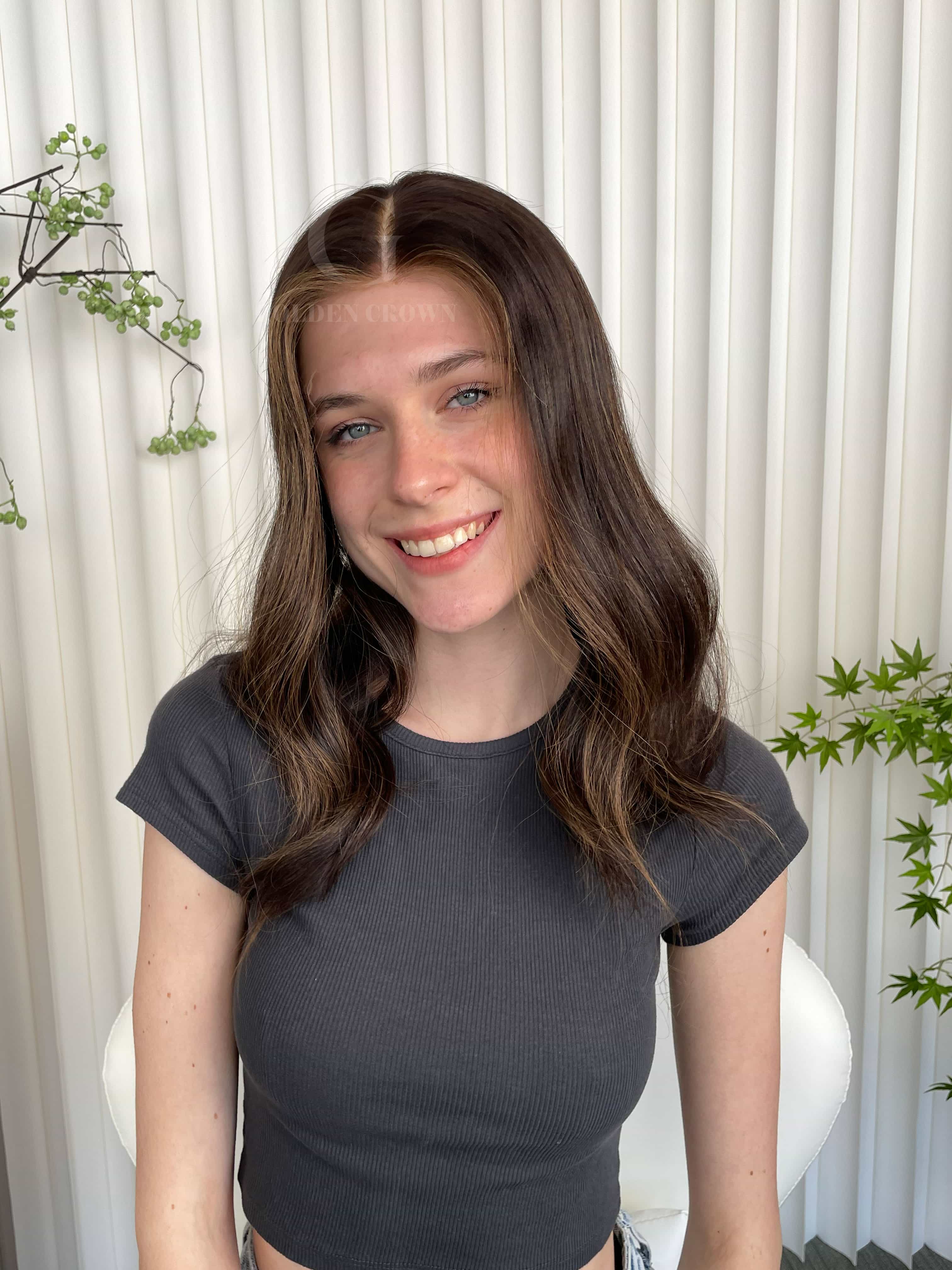 Freya Lace Top Base 100% Human Hair Wigs Model Front View GoldenCrownWigs.com